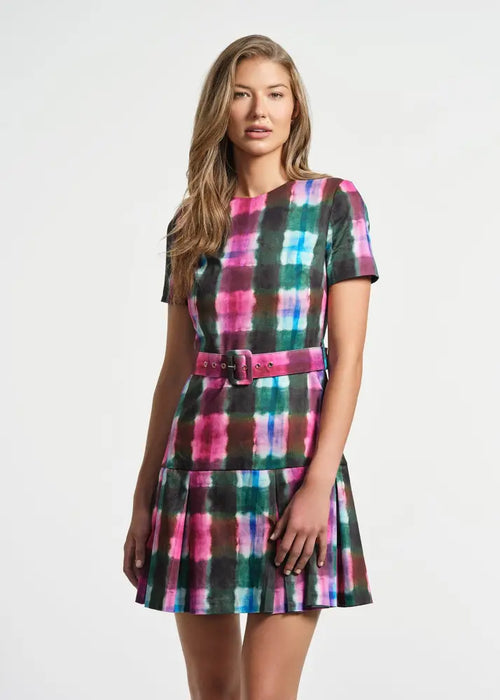 Belted Pleated Short Dress - Clothing