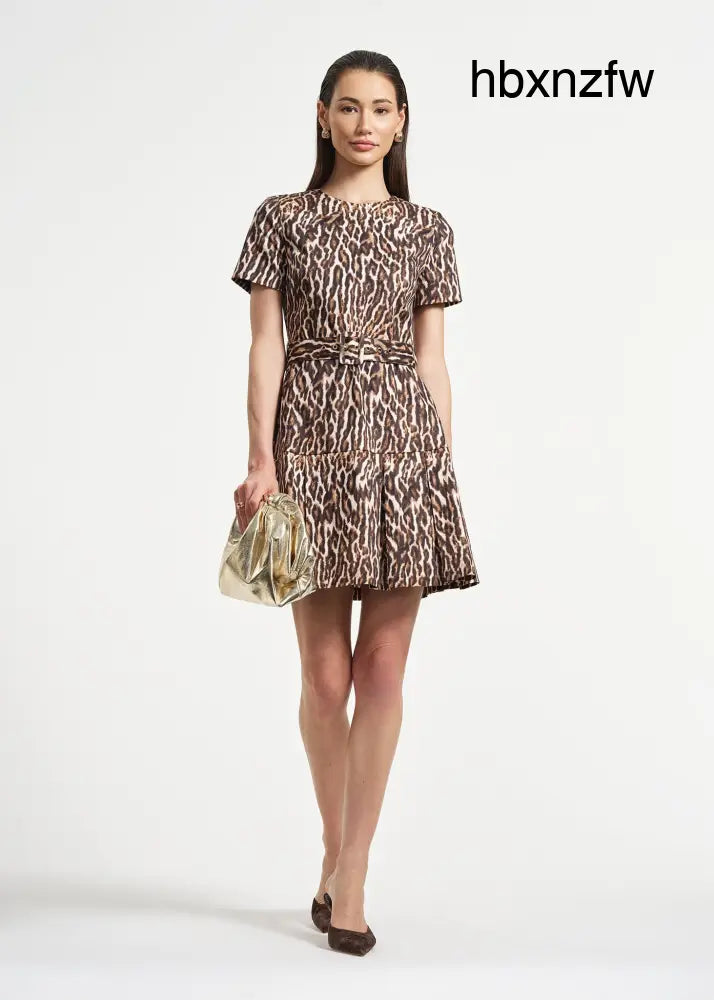 Belted Pleated Short Dress - Leopard / 2 - Clothing