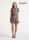Belted Pleated Short Dress - Watercolor Tartan / 2 - Clothing