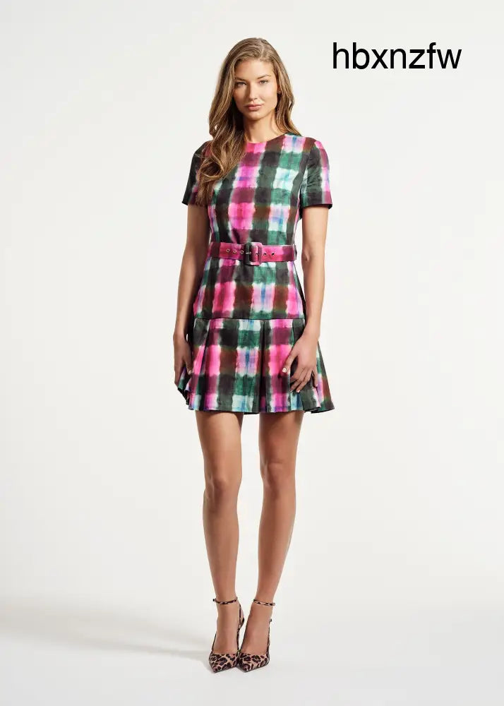 Belted Pleated Short Dress - Watercolor Tartan / 2 - Clothing