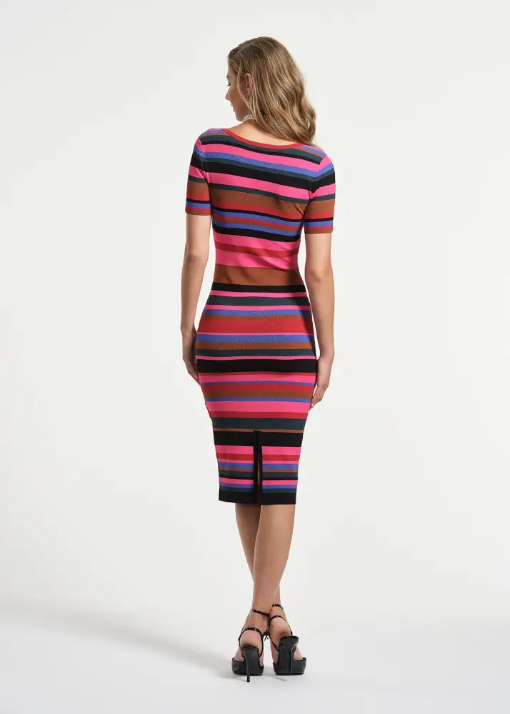 Elbow Sleeve Striped Sweater Midi Dress - Clothing