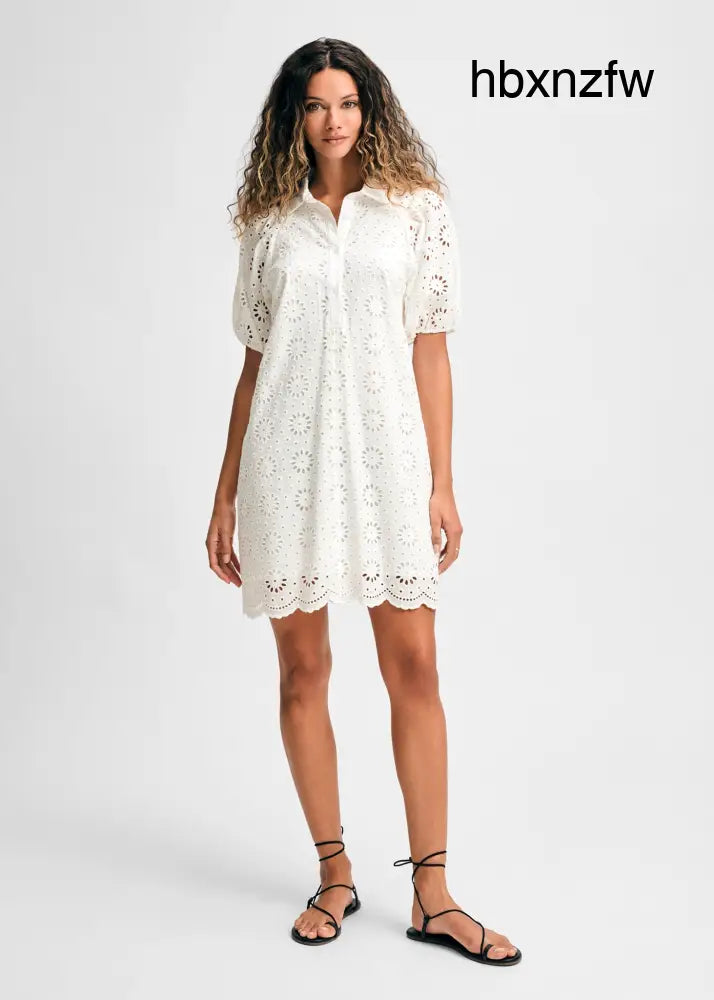 Eyelet Short Puff Sleeve Shirt Dress - White / XS