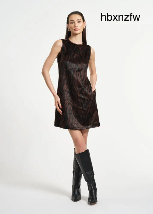 Faux Fur Combo Shift Dress - Brown Zebra / 2 - Clothing