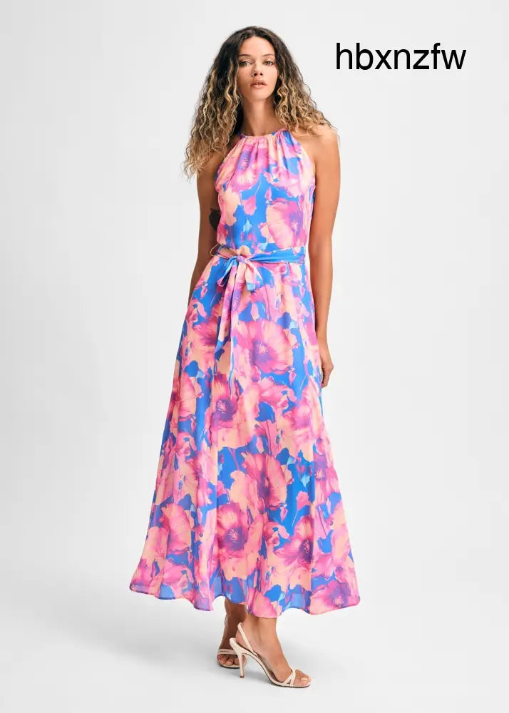 Halter Tie Waist Ankle Length Dress - French Blue Floral / XS