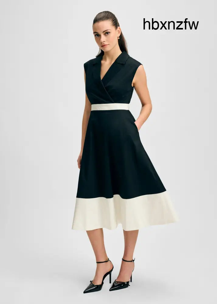 Notched Collar Full Skirt Midi Cotton Dress - Black/White / XS