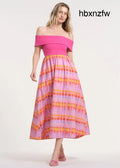 Off The Shoulder Midi-Length Dress - Knockout Pink/Plaid-ish / XS - Clothing