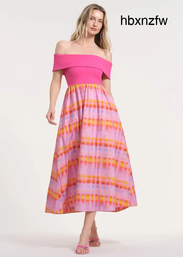 Off The Shoulder Midi-Length Dress - Knockout Pink/Plaid-ish / XS - Clothing