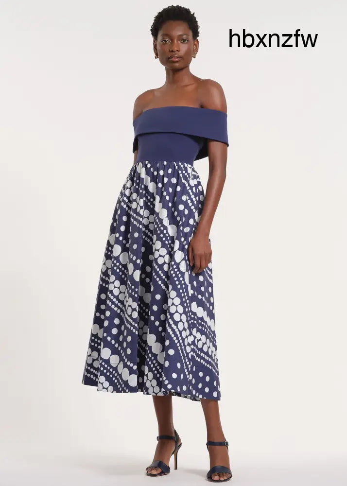 Off-The-Shoulder Midi-Length Dress - Navy/Dot Dot Dot / XS - Clothing