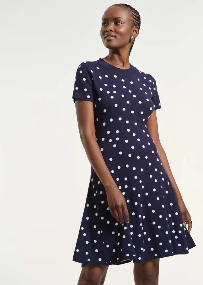 Polkadot Flare Knit Dress - Clothing