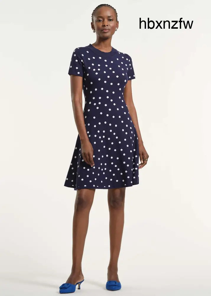 Polkadot Flare Knit Dress - Navy/White / XS - Clothing