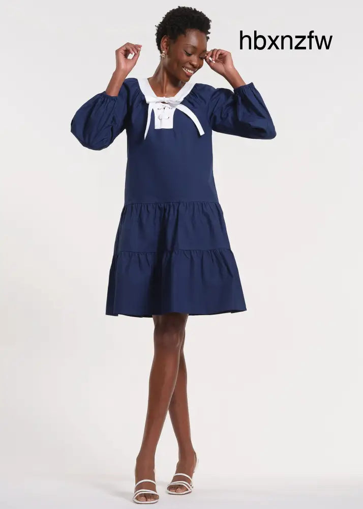 Raglan Dress with Balloon Sleeves - Navy/White / XS - Clothing