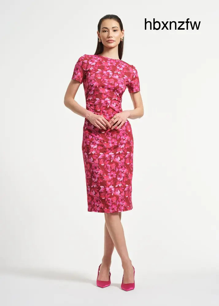 Ruched Waist Knit Midi Dress - Ruby Flora / XS - Clothing