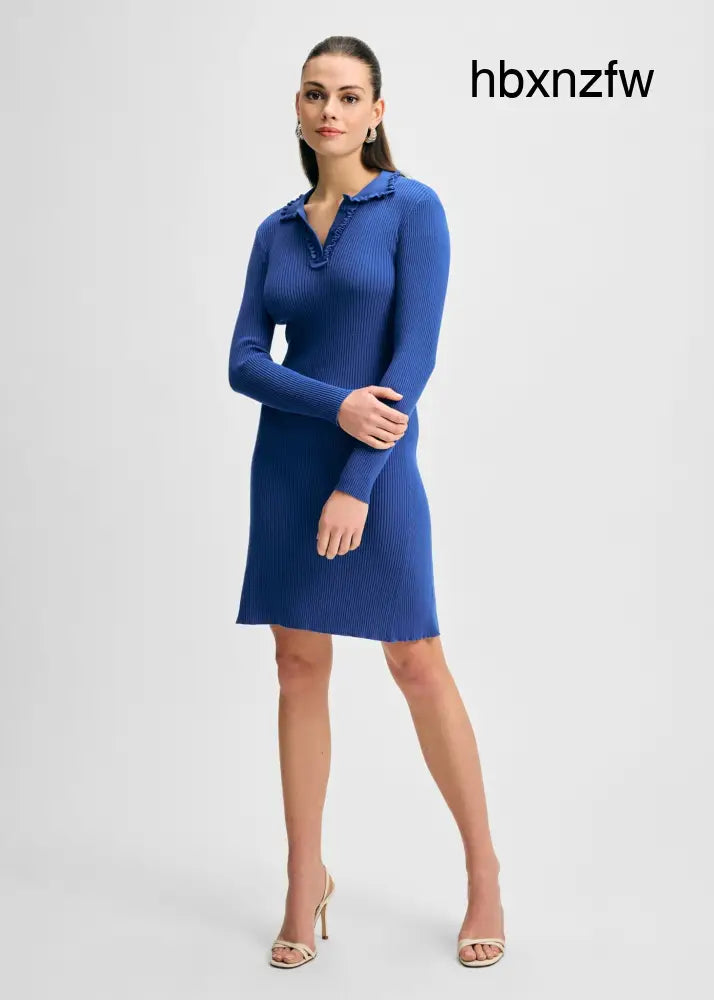 Ruffle Collar Sweater Henley Dress - French Blue / XS