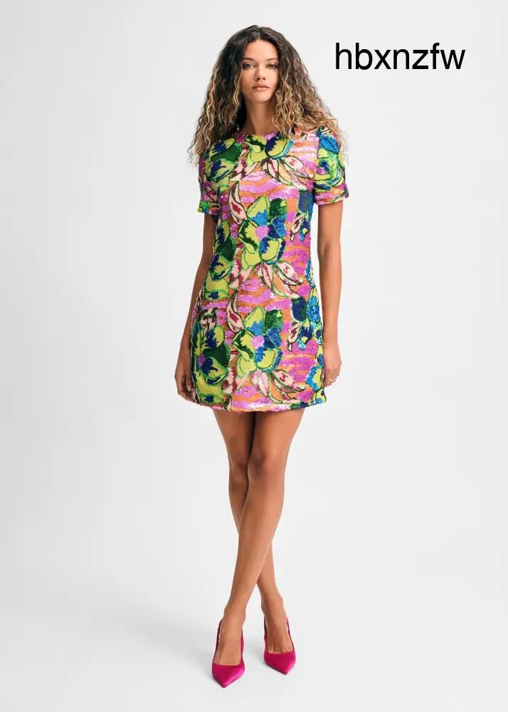 Sequin Floral Short Sleeve Mini Dress - Multi / XS