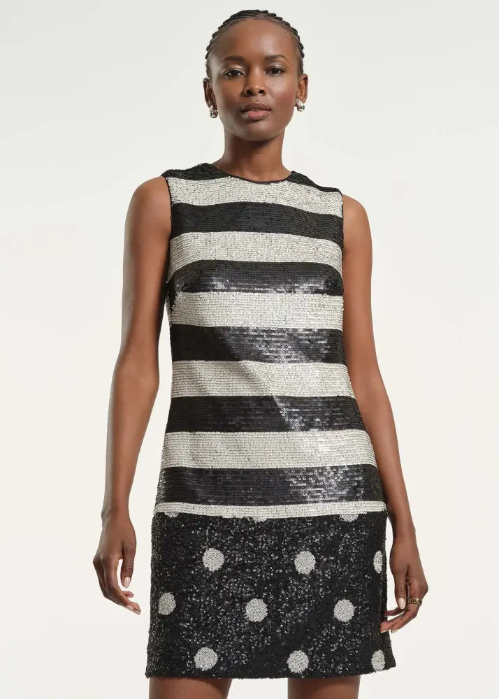 Sequin Polkadot Shift Dress - Black White Dot / XS - Clothing
