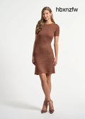 Short Sleeve Sequin Mock Neck Sweater Dress - Gold Caramel / XS - Clothing