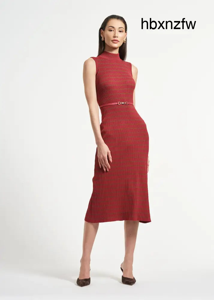 Sleeveless Belted Midi Sweater Dress - Red/Dachshund / XS - Clothing