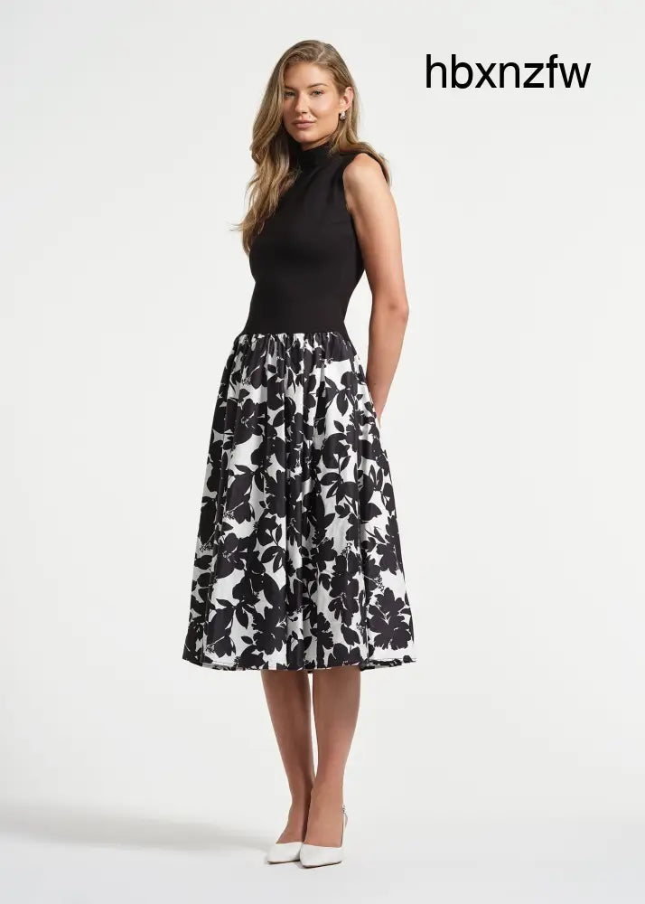Sleeveless Ponte Combo Midi Dress - Noir Floral / XS - Clothing