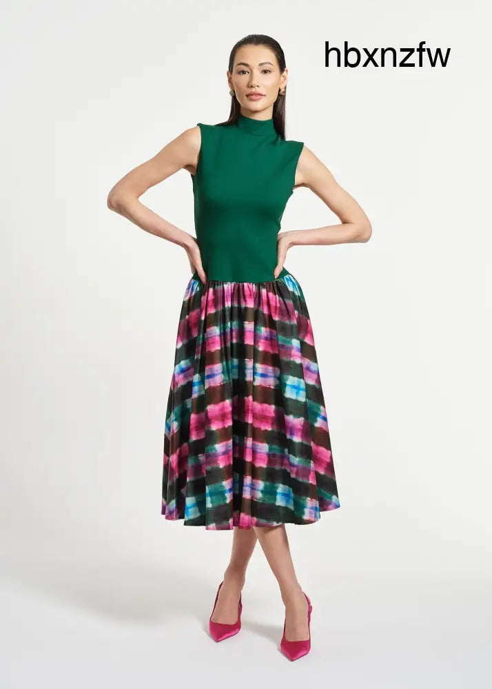 Sleeveless Ponte Combo Midi Dress - Watercolor Tartan / XS - Clothing