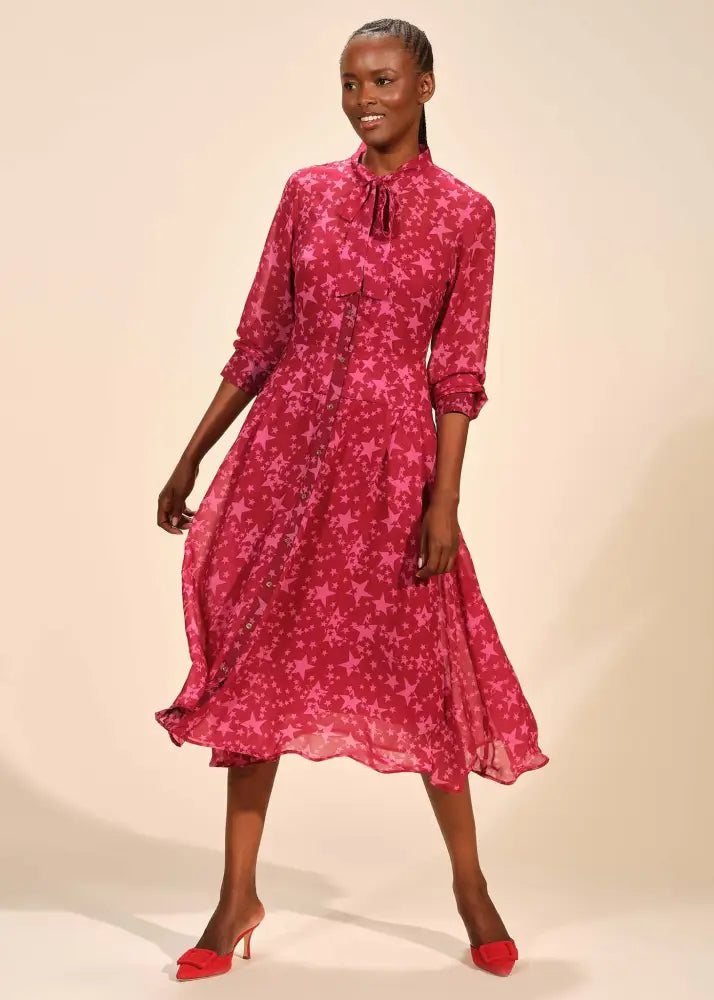 Tie Neck Pleated Midi Button Front Dress - Clothing