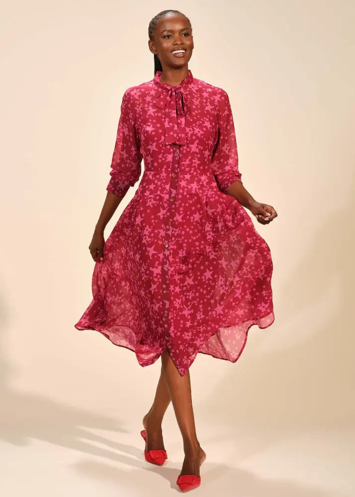 Tie Neck Pleated Midi Button Front Dress - Clothing